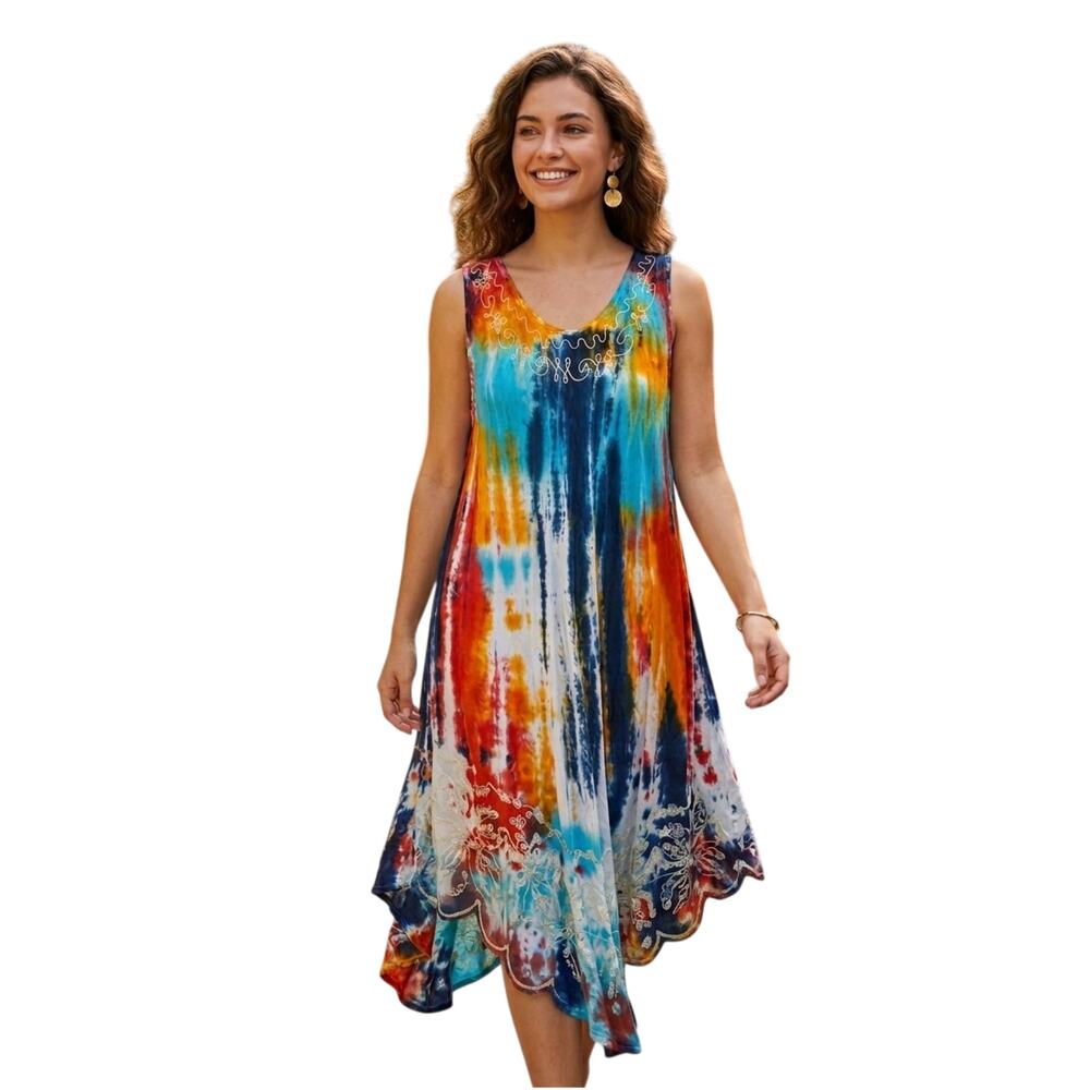 Seven Islands Tie Dye Embroidered Sleeveless Midi Dress Medium NWOT